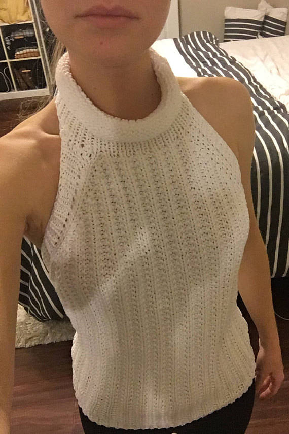 Hand Knitted Backless Turtleneck Top: Ribbed White Summer Sweater