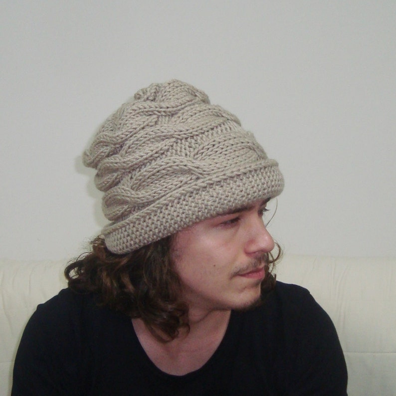 Bige Men's Hats winter Mens Hats with Brim in ecru beige hand Knitted Hats, Men gifts for Him image 2