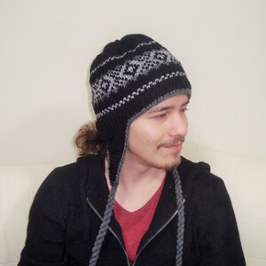 Wool Men's Hats winter Mens Hats with Ear Flaps in black, grey hand Knitted Hats, Men gifts for Him image 2