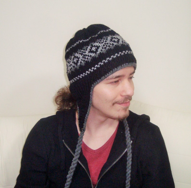 Wool Men's Hats winter Mens Hats with Ear Flaps in black, grey hand Knitted Hats, Men gifts for Him image 2