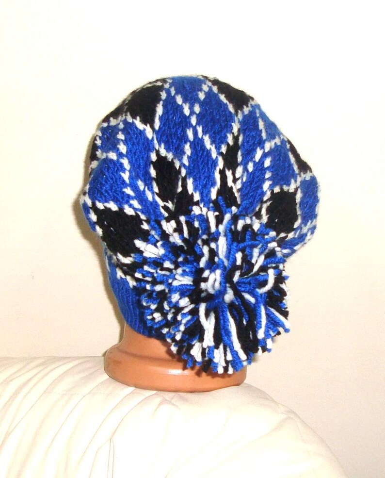 Hand Knit Slouchy Beanie: Argyle Hat, Gray Black Wool Blend Winter Outfit image 7