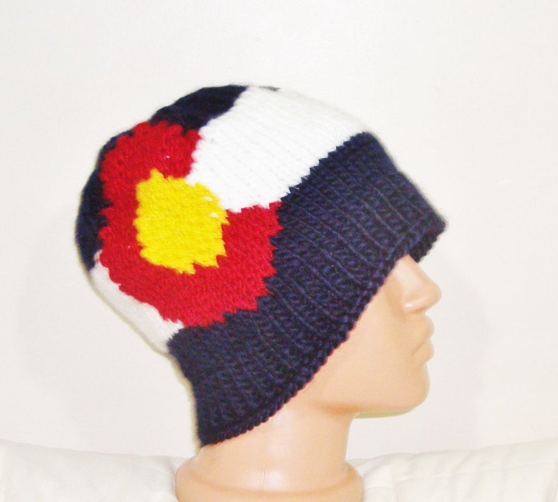 Colorado Flag Beanie Hat Hand Knit Winter in Blue Red white Yellow for mens or womens gifts knitted