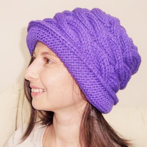 Women Cloche Hat, Purple, Small Women&#39;s Winter Hat, Hand Knit Hat, Woman Knitted Hat, Bucket Hat, Amethyst, Cable Knit gift for her