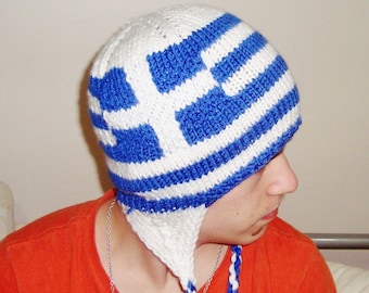 Greece Flag Hats national Greek gifts Men women winter hand Knit Knitted with Ear Flaps in white blue stripe cross valentines gifts for him