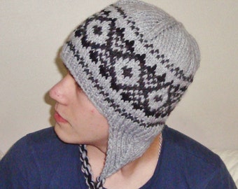 hand Knit Hats Men's Hats winter Hats With Ear Flaps in gray black Birthday gift For Men Him