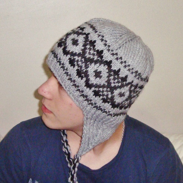 hand Knit Hats Men's Hats winter Hats With Ear Flaps in gray black Birthday gift For Men Him