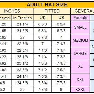 May include: A chart showing adult hat sizes in inches and centimeters. The chart includes measurements for metric centimeters, inches in decimal form, inches in fraction form, UK sizes, US sizes, and general sizes for both females and males. The chart also includes an adjustable size option.