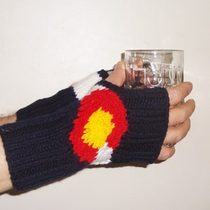 Colorado gifts for Womens Men hand Knit Fingerless Gloves colorado Flag gift for women Men winter in blue yellow Red white hand Knitted image 3