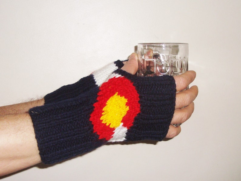 Colorado gifts for Womens Men hand Knit Fingerless Gloves colorado Flag gift for women Men winter in blue yellow Red white hand Knitted image 3