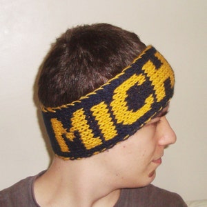 Hand Knit Headband for women men winter with Michigan Personalized, Double Knitted Headbands, Men Women, Custom Birthday Gift, Navy Gold