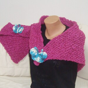 Mom and Daughter Scarf Shawl Magenta Matching Set of 2 with Blue Butterfly Pin Mommy Me gift triangle hand knit pink purple shawls image 8