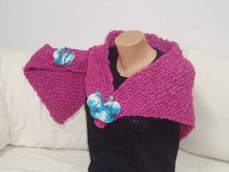 Mom and Daughter Scarf Shawl Magenta Matching Set of 2 with Blue Butterfly Pin Mommy Me gift triangle hand knit pink purple shawls image 8