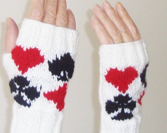 Poker fingerless gloves and hat set, poker retiree gift ideas for men women white with red hearts, diamonds, black clubs spades hand knit