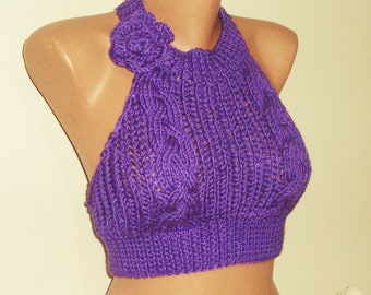 Purple Crop tops halter Backless openback cowl highneck with ribbed knit hand knitted gift for women summer tops