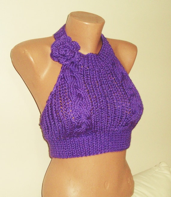 Buy Purple Crop Tops Halter Backless Openback Cowl Highneck With Ribbed  Knit Hand Knitted Gift for Women Summer Tops Online in India 