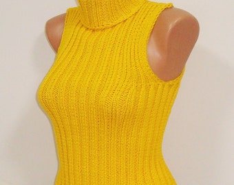 Yellow Turtleneck Sleeveless Sweater Women mens ribbed t shirt blouse tank tube tops with Rib Knit hand Knitted turtle neck for summer