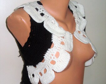 Rock Concertgoer Crochet Bolero, Crochet Shrug Black with White Skulls - Womens Black Bolero Shrug - Crochet Skull Festival Clothing Clothes