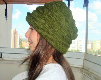 Chapeaux d’hiver pour femmes à bord femmes d’hiver, tricotées à la main, chapeau cloche à bord, vert mousse, cadeau pour femme petite à M, L, XL, 2 xl tricotés