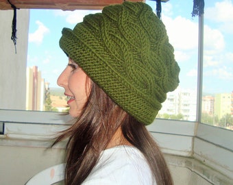 Hand Knit Womens Cloche Hat: Moss Green Wool Winter Hat with Brim