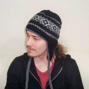 Wool Men's Hats winter Mens Hats with Ear Flaps in black, grey hand Knitted Hats, Men gifts for Him Black with gray