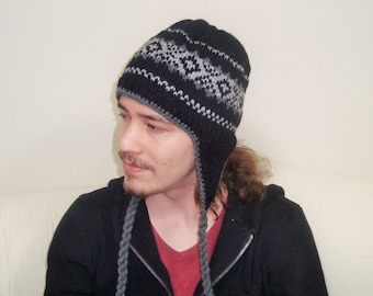 Wool Men's Hats winter Mens Hats with Ear Flaps in black, grey hand Knitted Hats, Men gifts for Him