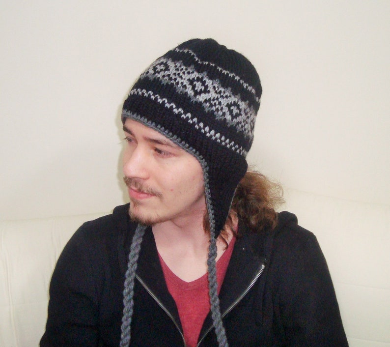 Wool Men's Hats winter Mens Hats with Ear Flaps in black, grey hand Knitted Hats, Men gifts for Him Black with gray