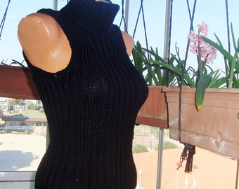 Handgebreide coltrui mouwloos: zwarte, geribbelde geribbelde blouse dames gebreide tube top