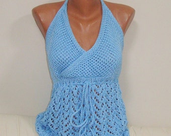 hand Knit light blue Blouse / of blue summer tops / vneck Blouse / halter neck Backless Sleeveless tops