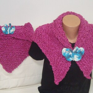 Mom and Daughter Scarf Shawl Magenta Matching Set of 2 with Blue Butterfly Pin Mommy Me gift triangle hand knit pink purple shawls image 2