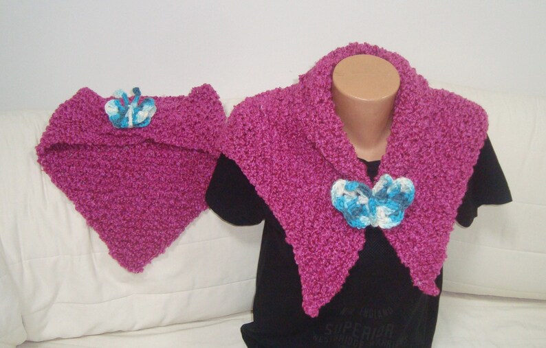 Mom and Daughter Scarf Shawl Magenta Matching Set of 2 with Blue Butterfly Pin Mommy Me gift triangle hand knit pink purple shawls image 2