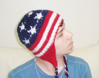 Stars and stripes American flag winter hand knit ear flap hat for men women gifts for her him in red white blue