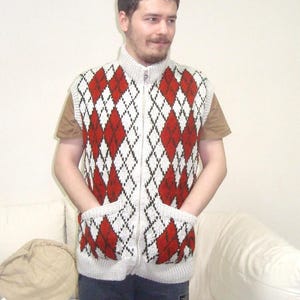 Hand Knit Argyle Sweater Vest: Wool Blend Sleeveless Cardigan