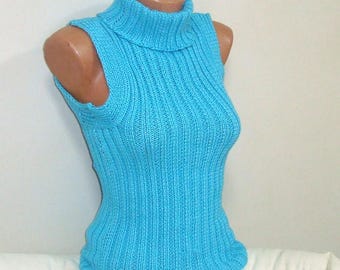 Hand Knitted Sleeveless Turtleneck Tube Top: Turquoise Rib Knit Sweater Men Women