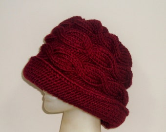 Cloche Womens Hats winter with Brim, hand Knit for Women's winter Hats Cloche, gift For women gifts burgundy Hand Knitted S, M, L, XL, 2xl