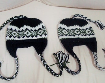 Chapeau tricoté à la main enfants hiver avec rabats d’oreille pour 12 et 24 mois chapeau garçon - garçons 1 et 2 ans filles deux chapeaux tricotés jumeaux - noir, vert, blanc