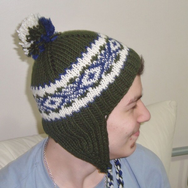 Hand Knitted Hat Boys & Girls Hat the Ear flap Hat in Deep Green, Cream, Blue, Winter Boys and Girls Accessories