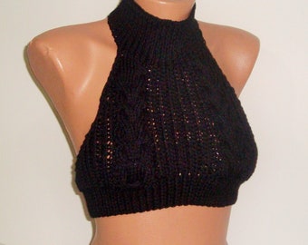 hand Knit mockneck Crop tops, Highneck Blouse, Highneck tanks tops shirt sweater black Knitted Backless openback summer knit women's gifts