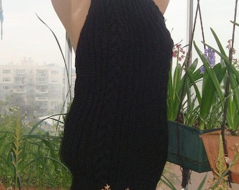 Hand Knit Sweater: Black Turtleneck Backless Sleeveless S - M Virgin Killer Killing Gray Blue