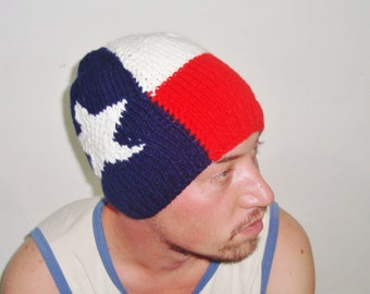 Navy Blue with White Texas Star and Red Strip Hand Knit Winter Beanie Hat for Men Women Gifts