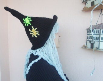 Crochet Hat Witch - Hat Crochet Witch - Crochet Witches Womens Winter Hat Tassel Hat - Costume Hat in Black with Yellow Spider Embroidery