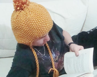 hand Knit Hats with Ear flaps and pom pom in Mustard yellow, gold Hats for mens or womens xl big hats