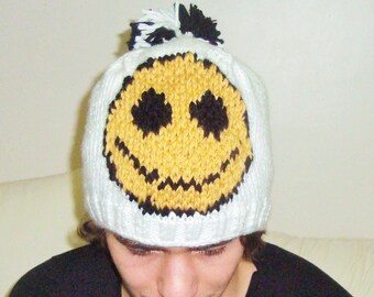 Boyfriend gifts for him personalized hand knit men's hats winter beanie white with yellow happy smiley face or the want birthday Christmas