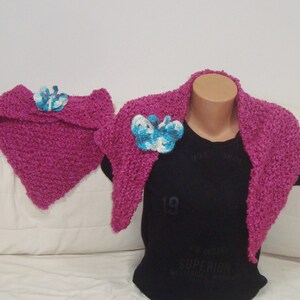 Mom and Daughter Scarf Shawl Magenta Matching Set of 2 with Blue Butterfly Pin Mommy Me gift triangle hand knit pink purple shawls image 4