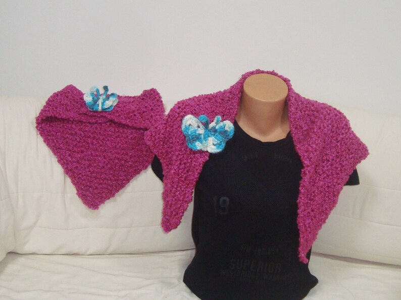 Mom and Daughter Scarf Shawl Magenta Matching Set of 2 with Blue Butterfly Pin Mommy Me gift triangle hand knit pink purple shawls image 4