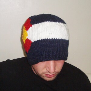 Hand Knit Beanie Hat with Colorado Flag Gifts For Men Women in Blue, Red, Yellow, White image 2