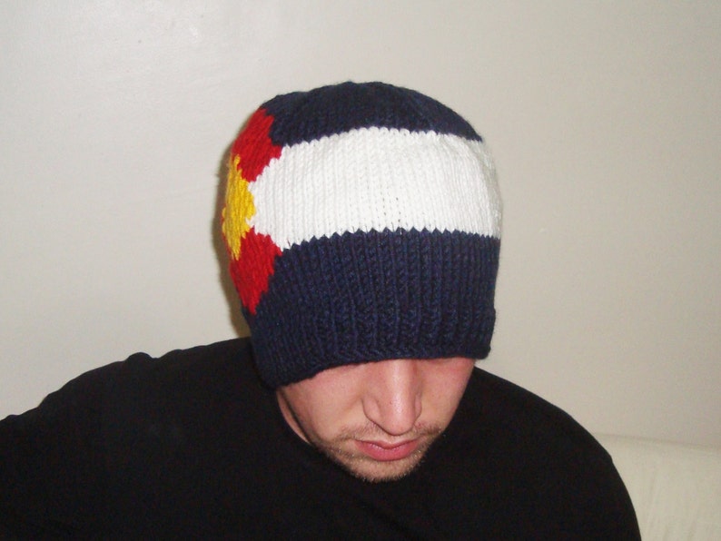 Hand Knit Beanie Hat with Colorado Flag Gifts For Men Women in Blue, Red, Yellow, White image 2