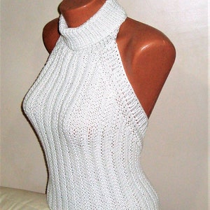 Womens Backless Turtleneck tops Blouse sweater with Ribbed Rib Knit hand Knitted in white highneck for summer sweater Openback