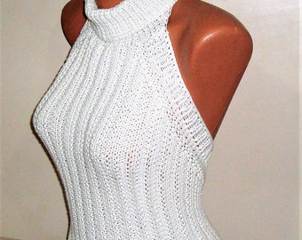 Womens Backless Turtleneck tops Blouse sweater with Ribbed Rib Knit hand Knitted in white highneck for summer sweater Openback