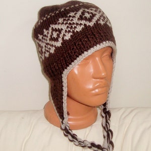 Hand Knit Merino Wool Ear Flap Hat: Brown Beige Winter Accessory