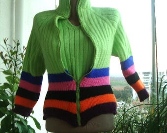 Hand Knit Lime Green Crop Tank Top & Coat Turtleneck Zippered Striped V Neck Sweater